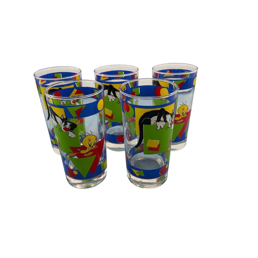 Vintage 1995‎ Looney Tunes Sylvester Tweety Bird Glass Tumblers Set of 5 Pop Art